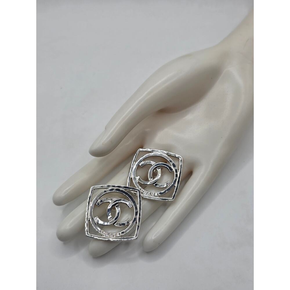 Chanel Silver-Tone Interlocking Cc Square Stud Ea… - image 8